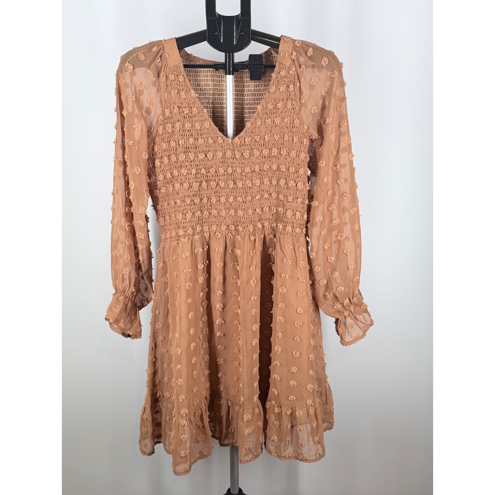 BTFBM Brown Swiss Dot Smocked V-Neck Mini Dress Long Sleeve Ruffle Hem Large